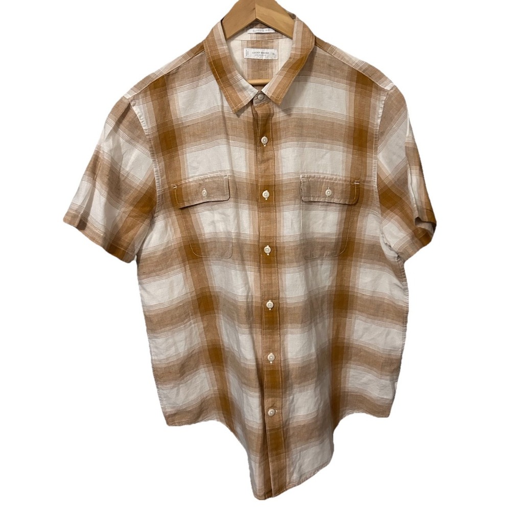 Lucky Brand Men's Men XL Tan and white Plaid Linen Cotton Short Sleeve Shirt 234